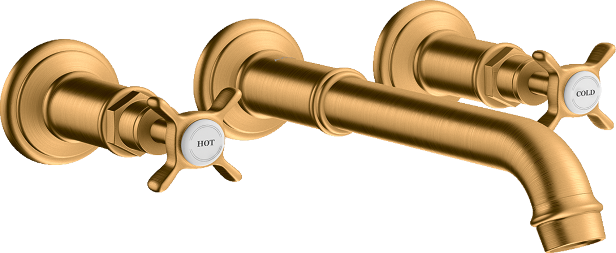 HANSGROHE AXOR Montreux 3-Loch Waschtischarmatur Unterputz für Wandmontage mit Auslauf 165 - 225 mm und Kreuzgriffen #16532250 - Brushed Gold Optic