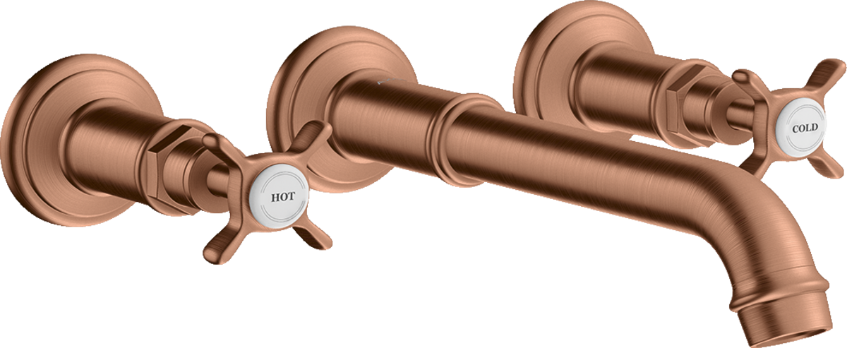 HANSGROHE AXOR Montreux 3-Loch Waschtischarmatur Unterputz für Wandmontage mit Auslauf 165 - 225 mm und Kreuzgriffen #16532310 - Brushed Red Gold