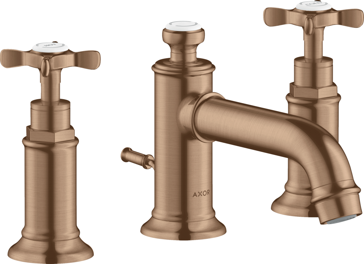 HANSGROHE AXOR Montreux 3-Loch Waschtischarmatur 30 mit Kreuzgriffen und Zugstangen-Ablaufgarnitur #16536310 - Brushed Red Gold