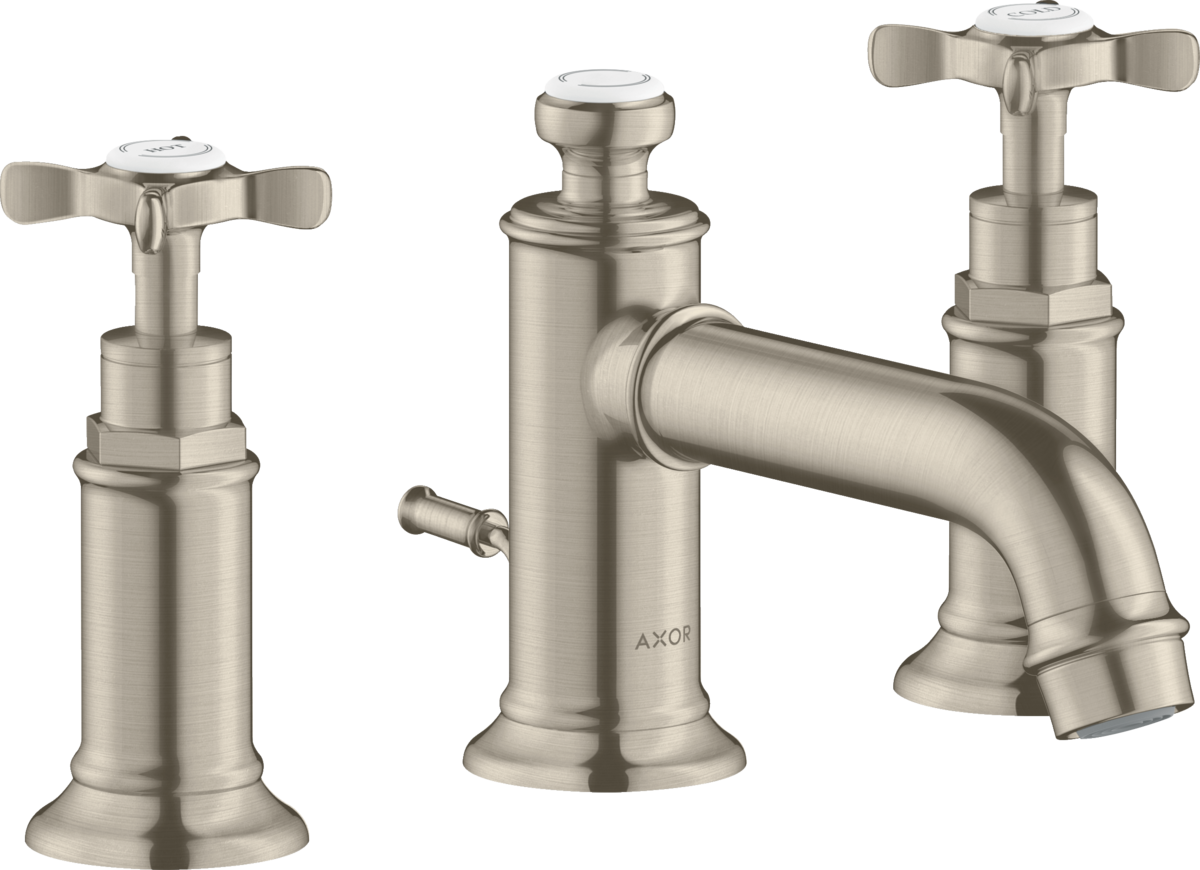 HANSGROHE AXOR Montreux 3-Loch Waschtischarmatur 30 mit Kreuzgriffen und Zugstangen-Ablaufgarnitur #16536820 - Brushed Nickel
