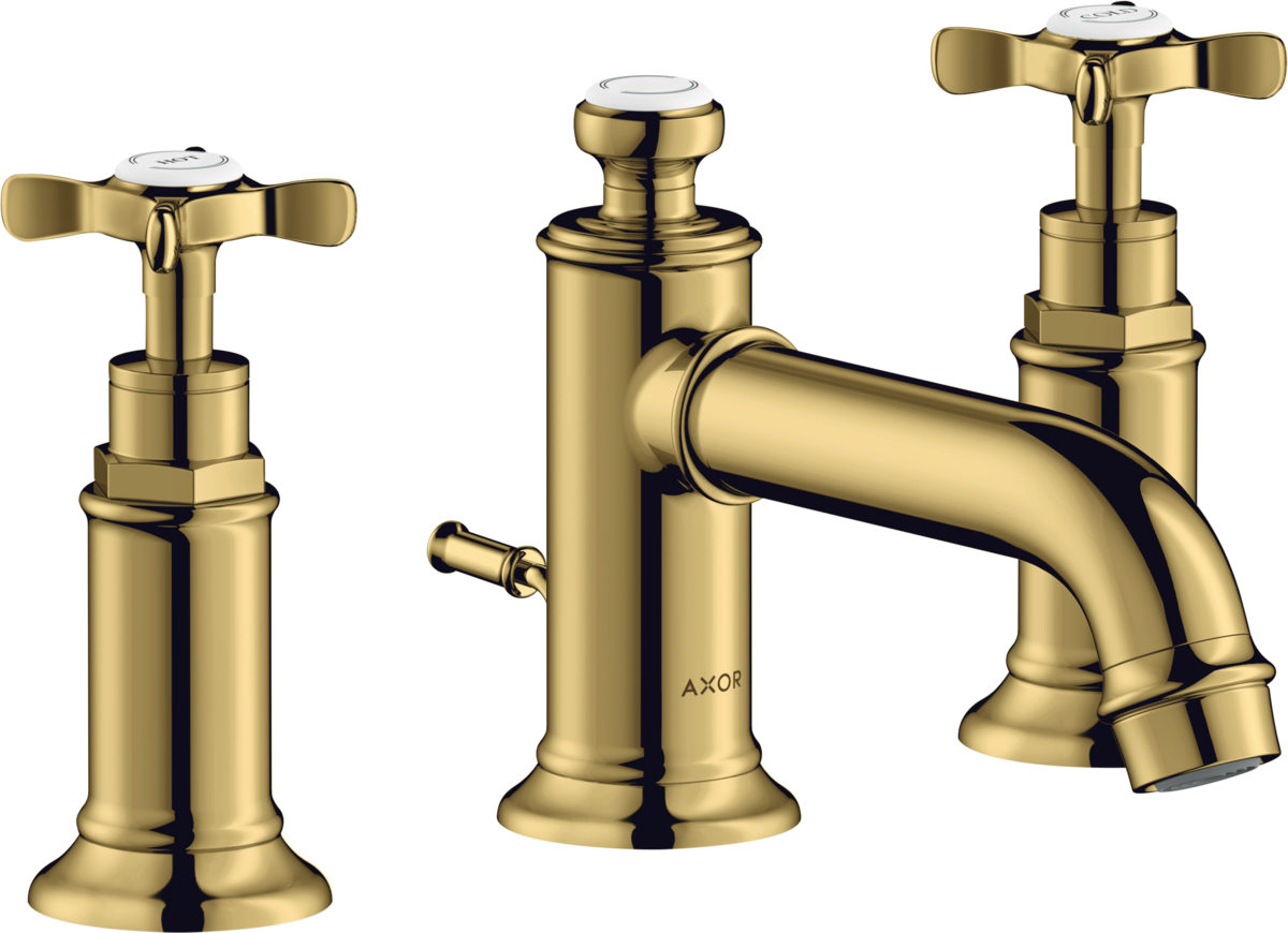 HANSGROHE AXOR Montreux 3-Loch Waschtischarmatur 30 mit Kreuzgriffen und Zugstangen-Ablaufgarnitur #16536990 - Polished Gold Optic