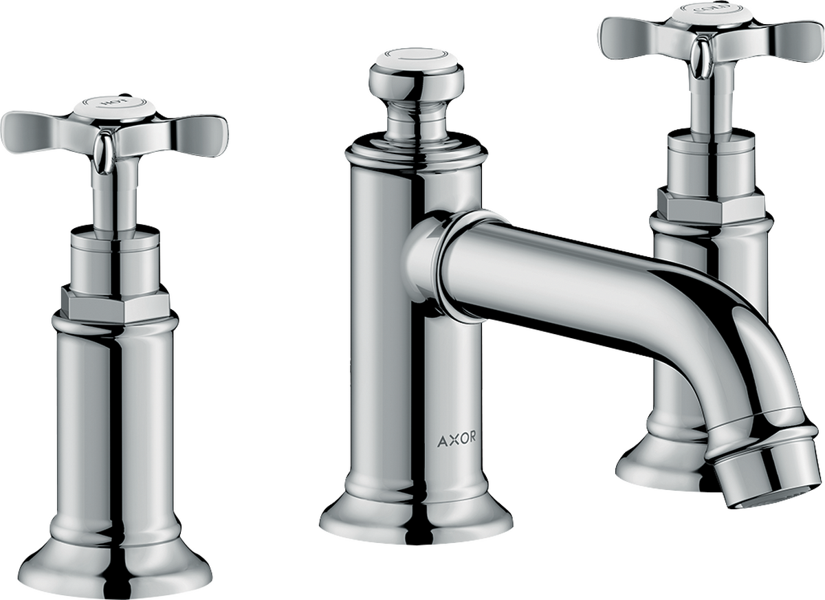 HANSGROHE AXOR Montreux 3-Loch Waschtischarmatur 30 mit Kreuzgriffen und Zugstangen-Ablaufgarnitur #16536800 - Edelstahl Optic