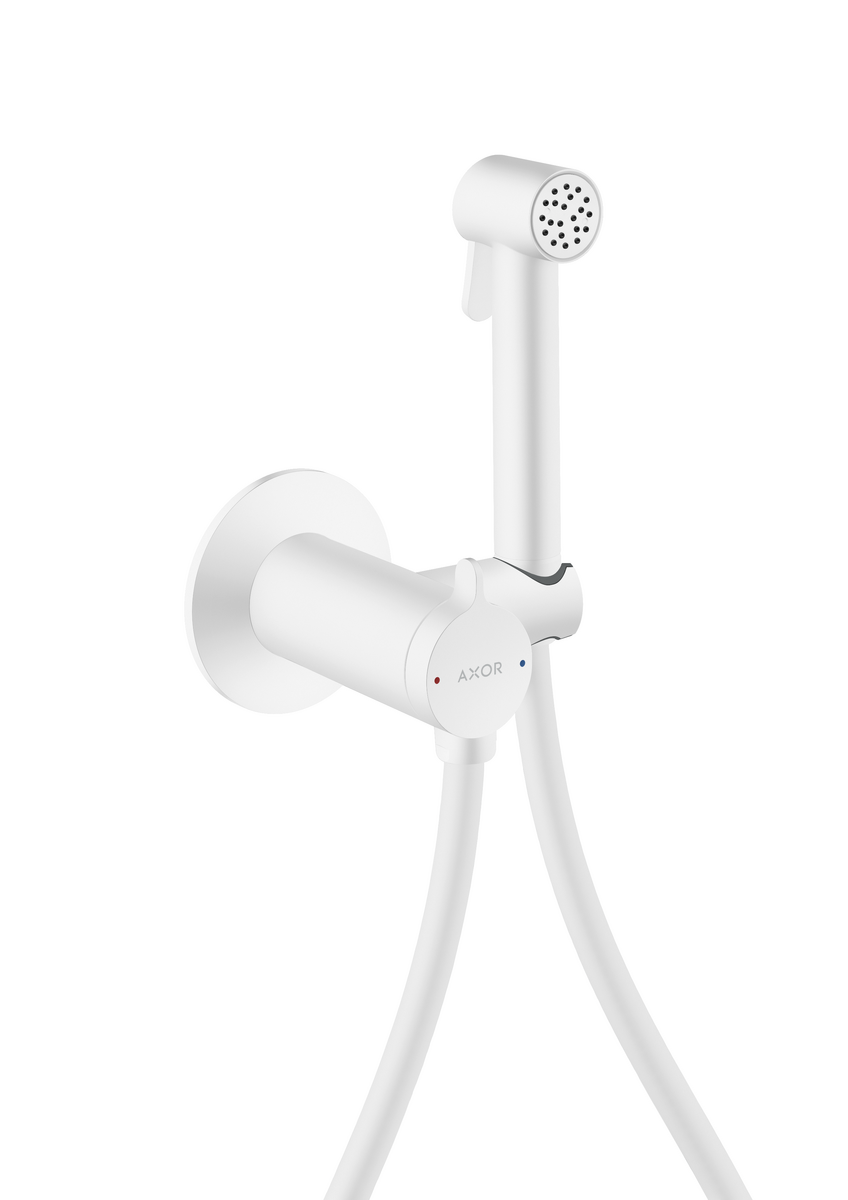 HANSGROHE AXOR Bidette Showers Bidette Handbrause 1jet rund für Mischwasser mit Brausehalter und Brauseschlauch 1,25 m #29242700 - Mattweiß