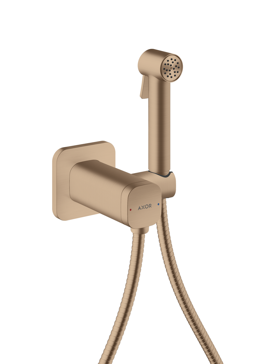 HANSGROHE AXOR Bidette Showers Bidette Handbrause 1jet softsquare für Mischwasser mit Brausehalter und Brauseschlauch 1,25 m #29243310 - Brushed Red Gold