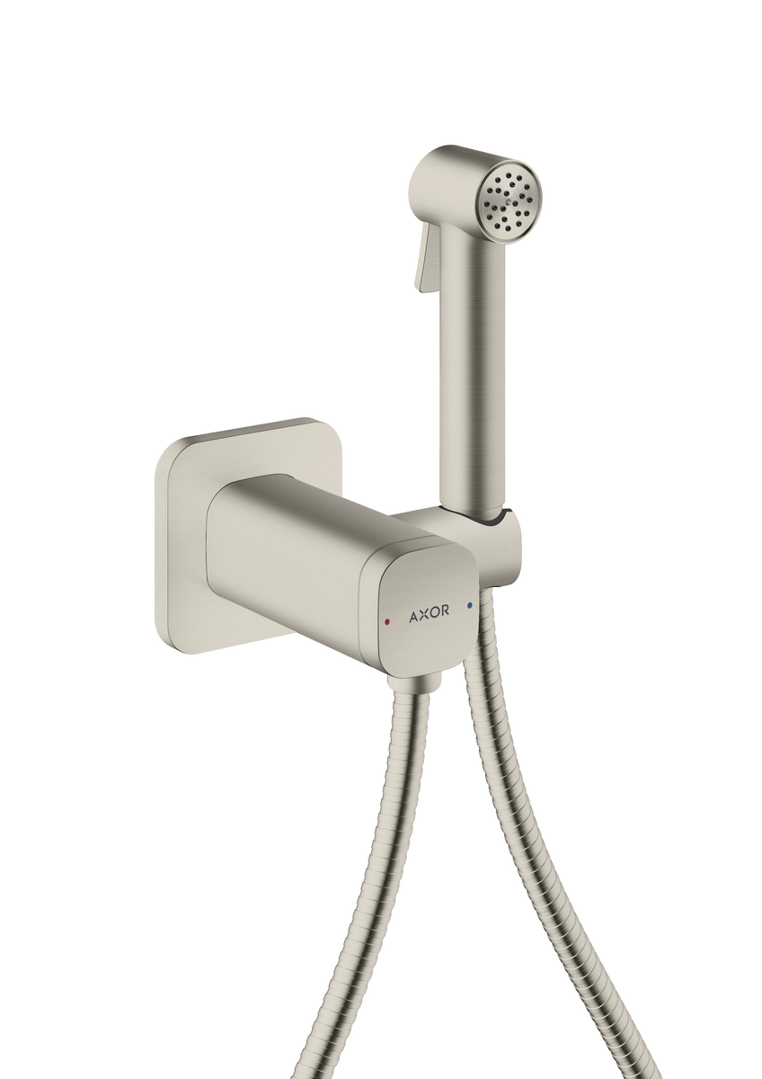 HANSGROHE AXOR Bidette Showers Bidette Handbrause 1jet softsquare für Mischwasser mit Brausehalter und Brauseschlauch 1,25 m #29243800 - Edelstahl Optic