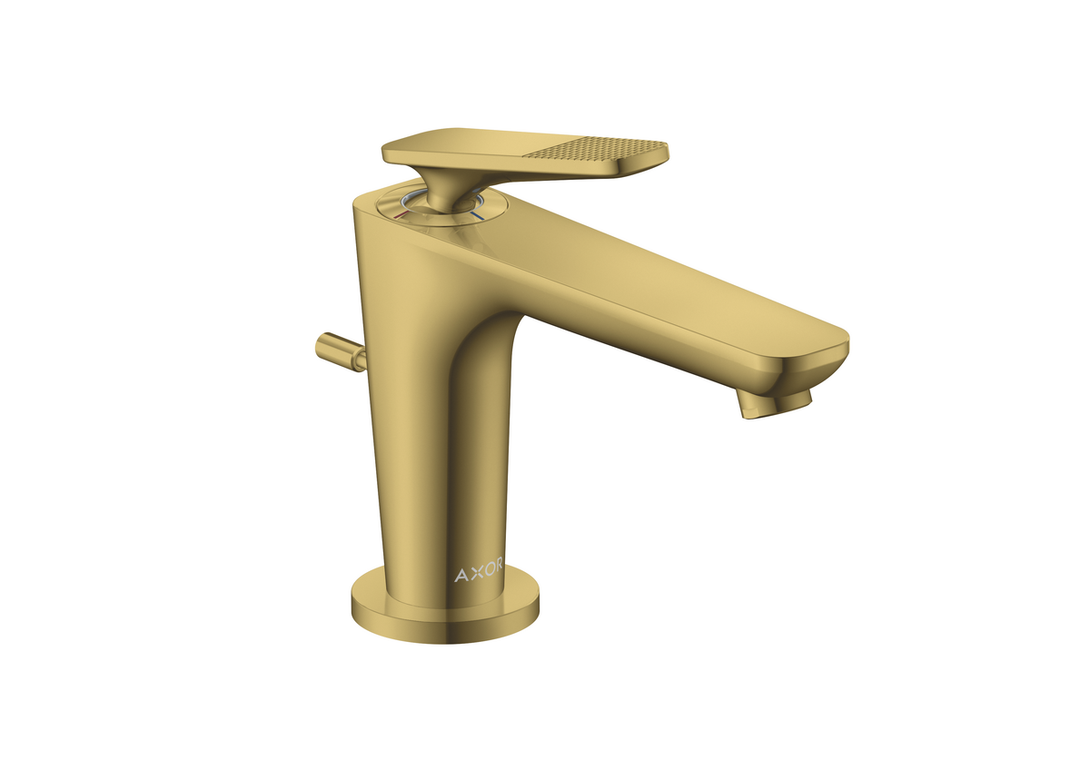 HANSGROHE AXOR Citterio C Einhebel-Waschtischmischer 90 mit Coolstart für Handwaschbecken und Zugstangen-Ablaufgarnitur - Cubic cut #49011990 - Polished Gold Optic