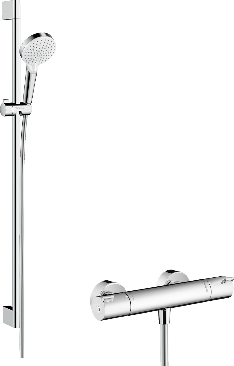 HANSGROHE Crometta Brausesystem Aufputz Vario mit Ecostat 1001 CL Thermostat und Brausestange 90 cm #27813400 - Weiß/Chrom