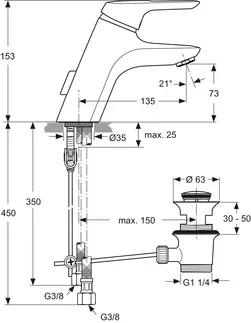 IDEAL STANDARD CERAMIX BLUE - Waschtischarmatur 55x181x153 mm, 135 mm vertikaler Abstand bis Mitte Auslauf in chrom, 6 l/min (3 bar), mit Ablaufgarnitur - Strahlregler, Click-Technologie, CoolBody, EPD, FirmaFlow, IdealPure Technologie, SmartShine Oberfläche #A5650AA - Chrom
