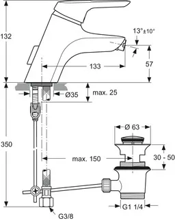 IDEAL STANDARD CERAMIX BLUE - Bidet Armatur 55x172x132 mm, 133 mm vertikaler Abstand bis Mitte Auslauf in chrom, 5 l/min (3 bar), mit Ablaufgarnitur - Strahlregler, Einstellbarer Auslauf, Click-Technologie, Durchflussbegrenzer, EPD, FirmaFlow, SmartShine Oberfläche #A5655AA - Chrom