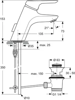 IDEAL STANDARD CERAMIX BLUE - Waschtischarmatur 55x181x153 mm, 135 mm vertikaler Abstand bis Mitte Auslauf in chrom, 11 l/min (3 bar), mit Ablaufgarnitur - Click-Technologie, CoolBody, EPD, FirmaFlow, IdealPure Technologie, SmartShine Oberfläche #A5653AA - Chrom