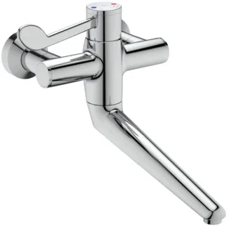 IDEAL STANDARD CERAPLUS SAFE SQ - Wand-Waschtischarmatur 400x375x251 mm, 250 mm vertikaler Abstand bis Mitte Auslauf in chrom, 8 l/min (3 bar), ohne Ablaufgarnitur - Sequentielle Kartusche, Thermostatfunktion, Wasser- & Energiesparend, Thermische Desinfektion, SmartShine Oberfläche #A6704AA - Chrom