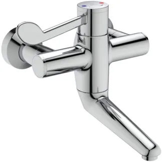 IDEAL STANDARD CERAPLUS SAFE SQ - Wand-Waschtischarmatur 400x306x222 mm, 150 mm vertikaler Abstand bis Mitte Auslauf in chrom, 8 l/min (3 bar), ohne Ablaufgarnitur - Sequentielle Kartusche, Thermostatfunktion, Wasser- & Energiesparend, Thermische Desinfektion, SmartShine Oberfläche #A6702AA - Chrom