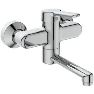 IDEAL STANDARD CERAPLUS - Wand-Waschtischarmatur 230x172 mm, 150 mm vertikaler Abstand bis Mitte Auslauf in chrom, 5 l/min (3 bar), ohne Ablaufgarnitur - Click-Technologie, Durchflussbegrenzer, EPD, FirmaFlow, SmartShine Oberfläche #BC115AA - Chrom