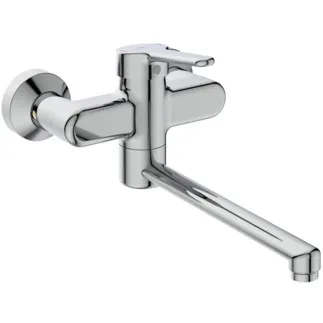 IDEAL STANDARD CERAPLUS - Wand-Waschtischarmatur 365x189 mm, 250 mm vertikaler Abstand bis Mitte Auslauf in chrom, 5 l/min (3 bar), ohne Ablaufgarnitur - Click-Technologie, Durchflussbegrenzer, EPD, FirmaFlow, SmartShine Oberfläche #BC113AA - Chrom