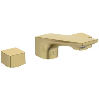 IDEAL STANDARD CONCA - Zweigriff-Waschbeckenarmatur 202x83 mm, 133 mm vertikaler Abstand bis Mitte Auslauf in brushed gold, 5 l/min (3 bar), mit Ablaufgarnitur - EasyFix, Strahlregler, Durchflussbegrenzer, PVD Technologie #BC759A2 - Brushed Gold
