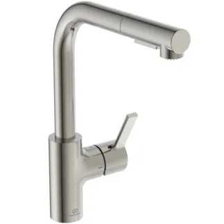 IDEAL STANDARD GUSTO - Küchenarmatur 115x275x333 mm, 235 mm vertikaler Abstand bis Mitte Auslauf in silver storm, 6.1 l/min (3 bar) - EasyFix+, Variable Strahlarten, FirmaFlow, 2 Strahlarten, Herausziehbare Handbrause, PVD Technologie #BD420GN - Edelstahl