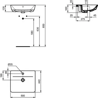 IDEAL STANDARD CONNECT AIR - Halbeinbauwaschtisch 500x440x160 mm in weiß glänzend, 1 Hahnloch, mit Überlauf #E030801 - Weiß (Alpin), Bild 5