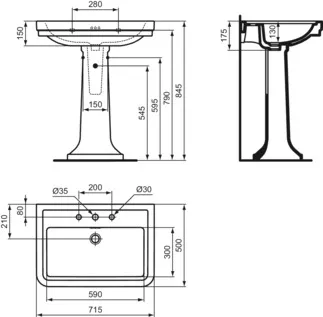 IDEAL STANDARD CALLA - Waschtisch 715x500x175 mm in weiß glänzend, 3 Hahnlöcher, mit Überlauf #E222301 - Weiß (Alpin), Bild 5