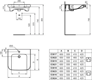IDEAL STANDARD CONTOUR 21+ - Waschtisch 650x555x175 mm in weiß glänzend, 1 Hahnloch, ohne Überlauf - SmartGuard+ #E3621HY - Weiß (SmartGuard), Bild 6