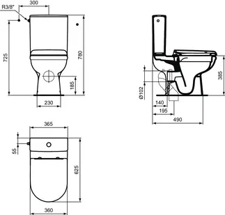 IDEAL STANDARD EXACTO - Stand-WC für Kombination (rückseitig offen) Paket 360x625x780 mm, mechanisch in weiß glänzend - Spülrandlose Spültechnologie RimLS+, SoftClosing WC, EPD #R006901 - Weiß (Alpin), Bild 2