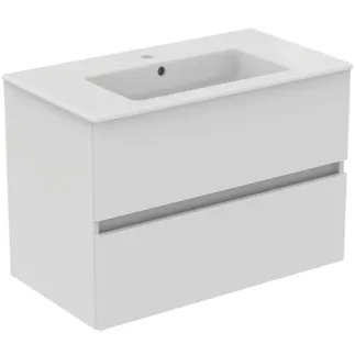 IDEAL STANDARD EUROVIT+ - Möbelpaket 815x450x565 mm in weiß, 1 Hahnloch, mit Überlauf, 2 Schubladen - Grifflos, SoftClosing, Nachhaltig gewonnenes Holz #R0574WG - Hochglanz weiß lackiert