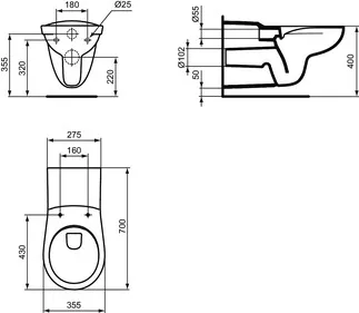 IDEAL STANDARD CONTOUR 21 - Wand-WC 355x700x380 mm in weiß glänzend, CL1 Vollspülung 5.9 - 6 l/min, horizontaler Ablauf - CL1, Spülrandlose Spültechnologie RimLS #S034801 - Weiß (Alpin), Bild 2