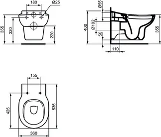 IDEAL STANDARD CONTOUR 21 - Wand-WC 360x535x350 mm in weiß glänzend, CL1 Vollspülung 4.5 - 6 l/min, horizontaler Ablauf - CL1, CL2, Randlos #S312801 - Weiß (Alpin), Bild 2