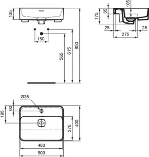 IDEAL STANDARD STRADA II - Halbeinbauwaschtisch 500x400x175 mm in weiß glänzend, 1 Hahnloch, mit Überlauf #T299301 - Weiß (Alpin), Bild 5