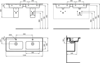 IDEAL STANDARD STRADA II - Doppel- Möbelwaschtisch 1240x460x180 mm in weiß glänzend, 2 Hahnlöcher, mit Überlauf #T300501 - Weiß (Alpin), Bild 5