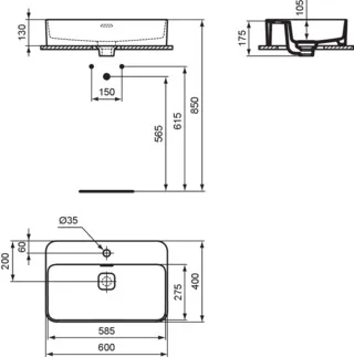 IDEAL STANDARD STRADA II - Schale 600x400x175 mm in weiß glänzend, 1 Hahnloch, mit Überlauf #T299801 - Weiß (Alpin), Bild 5