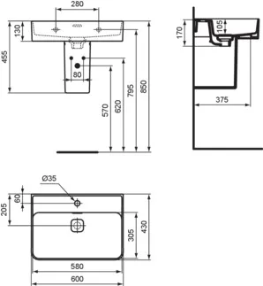 IDEAL STANDARD STRADA II - Waschtisch 600x430x170 mm in weiß glänzend, 1 Hahnloch, mit Überlauf #T300001 - Weiß (Alpin), Bild 6