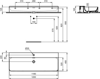 IDEAL STANDARD CONCA - Waschtisch 1200x450x165 mm in weiß glänzend, 1 Hahnloch, mit Überlauf #T383801 - Weiß (Alpin), Bild 5