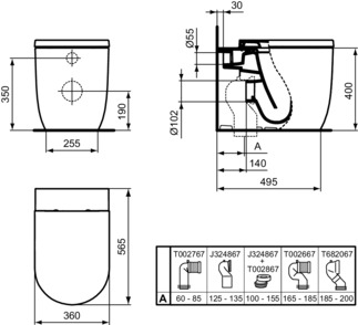 IDEAL STANDARD BLEND CURVE - Stand-WC (rückseitig offen) 355x560x400 mm in weiß glänzend, CL1 Vollspülung 3.9 - 6 l/min, horizontaler Ablauf - CL1, CL2, Spültechnologie AquaBlade #T375101 - Weiß (Alpin), Bild 5
