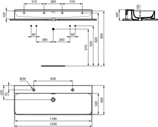 IDEAL STANDARD CONCA - Waschtisch 1200x450x145 mm in weiß glänzend, 2 Hahnlöcher, mit Überlauf #T383901 - Weiß (Alpin), Bild 5