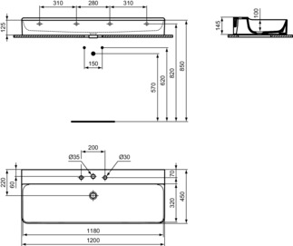 IDEAL STANDARD CONCA - Waschtisch 1200x450x145 mm in weiß, 3 Hahnlöcher, ohne Überlauf - IdealPlus #T3807MA - Weiß (Alpin) mit Ideal Plus, Bild 5