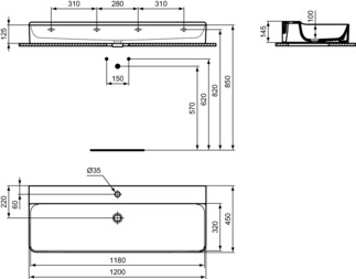 IDEAL STANDARD CONCA - Waschtisch 1200x450x145 mm in weiß, 1 Hahnloch, ohne Überlauf - IdealPlus #T3806MA - Weiß (Alpin) mit Ideal Plus, Bild 5