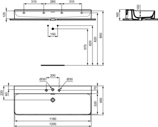IDEAL STANDARD CONCA - Waschtisch 1200x450x165 mm in weiß, 3 Hahnlöcher, mit Überlauf - IdealPlus #T3840MA - Weiß (Alpin) mit Ideal Plus, Bild 5