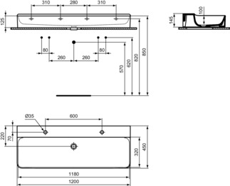IDEAL STANDARD CONCA - Waschtisch 1200x450x145 mm in weiß, 2 Hahnlöcher, ohne Überlauf - IdealPlus #T3844MA - Weiß (Alpin) mit Ideal Plus, Bild 5