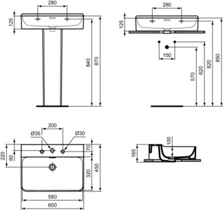 IDEAL STANDARD CONCA - Waschtisch 600x450x165 mm in weiß, 3 Hahnlöcher, mit Überlauf - IdealPlus #T3819MA - Weiß (Alpin) mit Ideal Plus, Bild 5