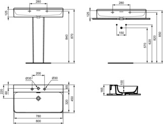 IDEAL STANDARD CONCA - Waschtisch 800x450x165 mm in weiß glänzend, 3 Hahnlöcher, mit Überlauf #T382701 - Weiß (Alpin), Bild 5