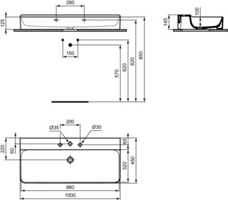 IDEAL STANDARD CONCA - Waschtisch 1000x450x145 mm in weiß, 3 Hahnlöcher, ohne Überlauf - IdealPlus #T3836MA - Weiß (Alpin) mit Ideal Plus, Bild 5