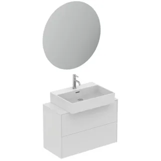 IDEAL STANDARD CONCA - Möbelpaket 802x450x843 mm, 110 mm vertikaler Abstand bis Mitte Auslauf in weiß matt lackiert, 5 l/min (3 bar), 1 Hahnloch, mit Überlauf, mit Ablaufgarnitur, 2 Schubladen - Grifflos, Strahlregler, Verdeckter Strahlregler, Netzbetrieb, Push-to-open, SoftClosing, FirmaFlow, Nachhaltig gewonnenes Holz #T4633Y1 - Weiß matt