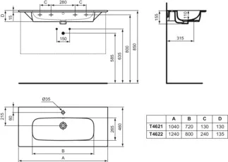 IDEAL STANDARD I.LIFE A - Möbelwaschtisch 1240x460x155 mm in weiß glänzend, 1 Hahnloch, mit Überlauf #T462201 - Weiß (Alpin), Bild 6