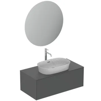 IDEAL STANDARD CONCA - Möbelpaket 1002x505x683 mm, 170 mm vertikaler Abstand bis Mitte Auslauf in anthrazit matt lackiert, 5 l/min (3 bar), ohne Hahnloch, mit Überlauf, mit Ablaufgarnitur, 1 Schublade - Grifflos, Strahlregler, Verdeckter Strahlregler, Netzbetrieb, Push-to-open, SoftClosing, FirmaFlow, Nachhaltig gewonnenes Holz #T4636Y2 - Anthrazit matt