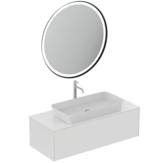 IDEAL STANDARD CONCA - Möbelpaket 1202x505x683 mm, 170 mm vertikaler Abstand bis Mitte Auslauf in weiß matt lackiert, 5 l/min (3 bar), ohne Hahnloch, ohne Überlauf, ohne Ablaufgarnitur, 1 Schublade - Grifflos, Strahlregler, Verdeckter Strahlregler, Netzbetrieb, Push-to-open, SoftClosing, FirmaFlow, Nachhaltig gewonnenes Holz #T4640Y1 - Weiß matt