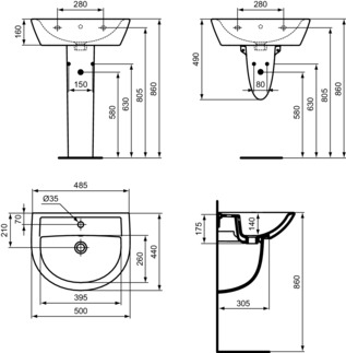 IDEAL STANDARD EUROVIT - Waschtisch 500x440x175 mm in weiß glänzend, 1 Hahnloch, mit Überlauf #W332801 - Weiß (Alpin), Bild 3