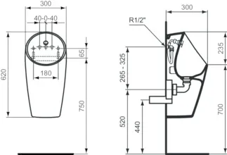 IDEAL STANDARD SPHERO - Urinal 300x300x620 mm in weiß glänzend, mit Ablaufgarnitur - Randlos #E183201 - Weiß (Alpin), Bild 3