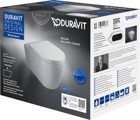 DURAVIT WC-Set wandhängend 457909 Design by Philippe Starck #45790920A1 - © Farbe 20, Set Artikel: Wand WC, WC-Sitz, Artikel Nr.: 257909AA00, 0020090000, DuraShield, Weiß Hochglanz, Tiefspüler, HygieneFlush, Spülrand: spülrandlos, Abgang waagerecht, Sitzgarnitur abnehmbar, Absenkautomatik, Spülform: Tiefspüler, Spülprinzip: Verdrängung, Abgang waagerecht, Absenkautomatik, Befestigung inklusive: Durafix, Kartonabmessungen: 400x455x590 mm, Unified Water Label (UWL) Klasse: 1 370 x 570 mm