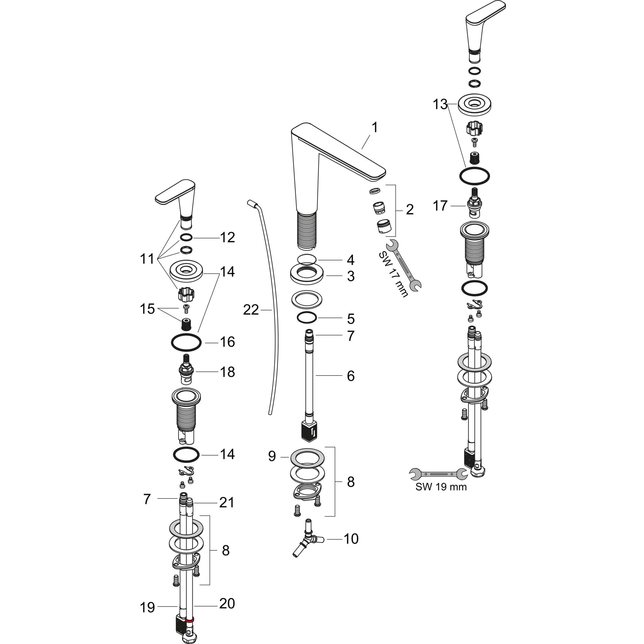 HANSGROHE AXOR Citterio C 3-Loch Waschtischarmatur 125 mit Zugstangen-Ablaufgarnitur #49060950 - Brushed Brass