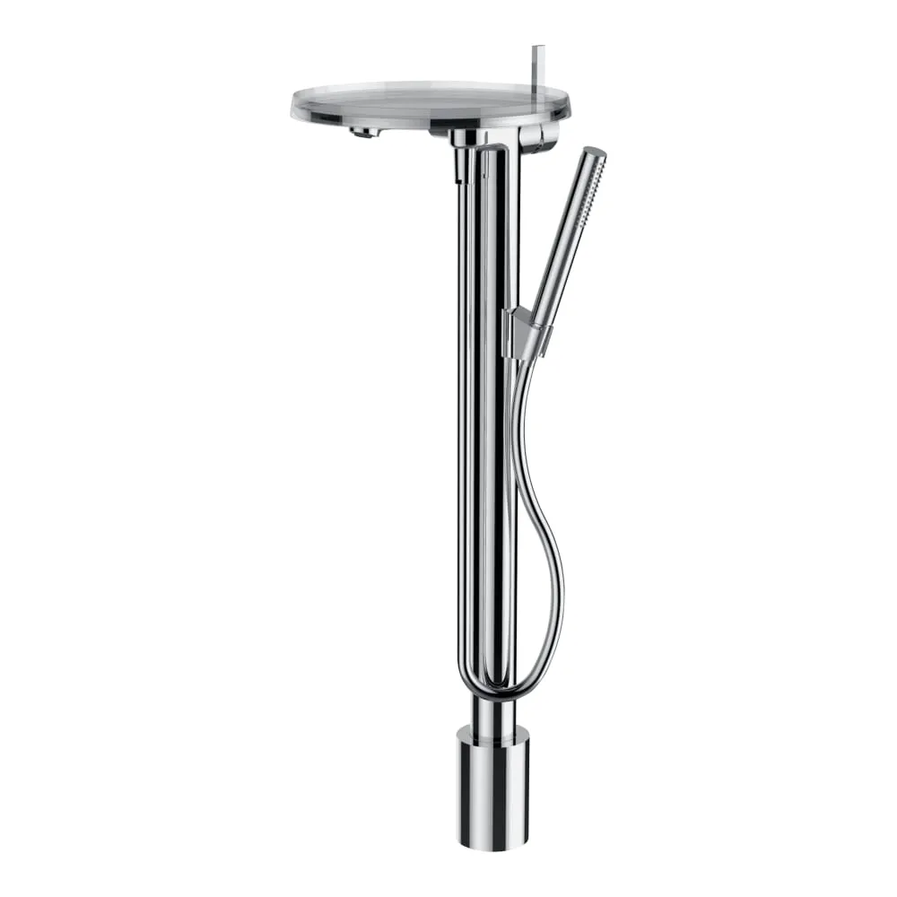 LAUFEN Kartell LAUFEN Standsäulen-Bademischer, Ausladung 202 mm, Festauslauf, mit Kunststoffschlauch 1250 mm, mit Handbrause TwinStick, mit Disc Ablageschale Kristallklar (Ablageschale in 7 weiteren Farben erhältlich) #H3213310041211